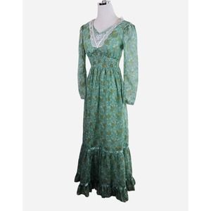 Vintage 70s Maxi Prairie Dress Gunne Look Green Floral